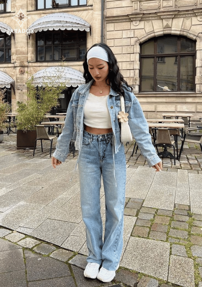 Cách mix đồ với áo khoác jeans croptop nữ - quần jeans