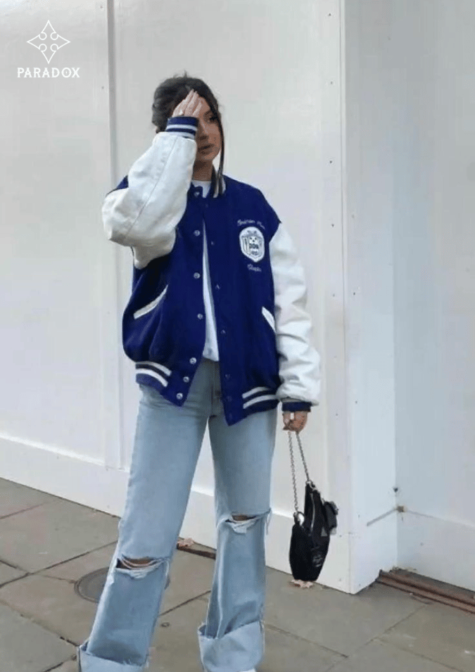 Cách mix đồ với áo varsity nữ  -  quần jeans