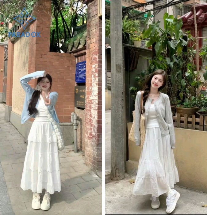 Phối đồ với chân váy xếp ly dài cùng áo thun basic Phối đồ với chân váy xếp ly dài cùng áo thun basic