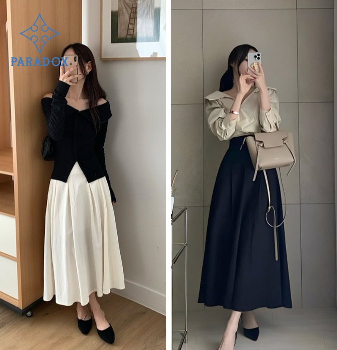 Phối đồ với chân váy xếp ly dài cùng áo trễ vai Phối đồ với chân váy xếp ly dài cùng áo trễ vai