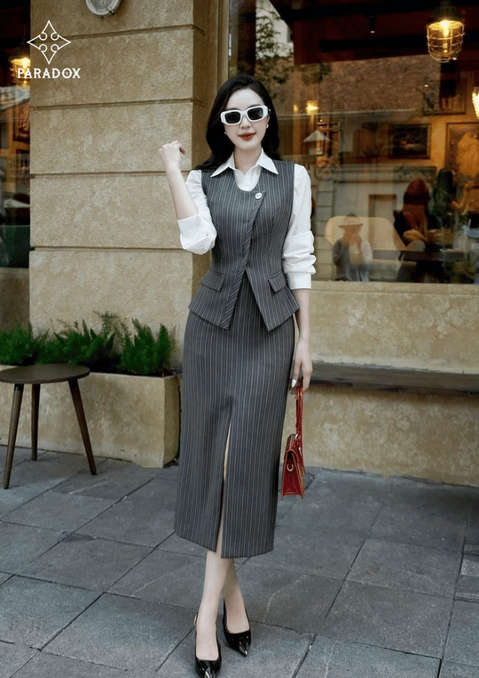 Chân váy bút chì phối với áo vest Chân váy bút chì phối với áo vest