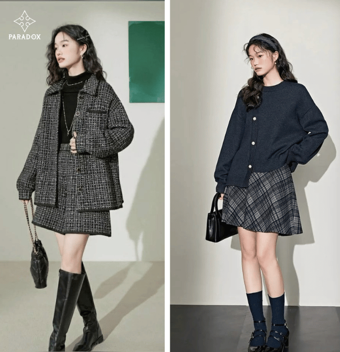 Chân váy dạ tweed phối với áo khoác dạ tweed Chân váy dạ tweed phối với áo khoác dạ tweed