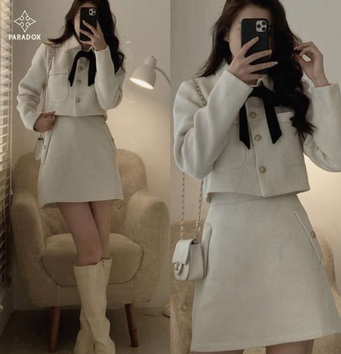 Chân váy dạ tweed phối với áo dạ croptop Chân váy dạ tweed phối với áo dạ croptop