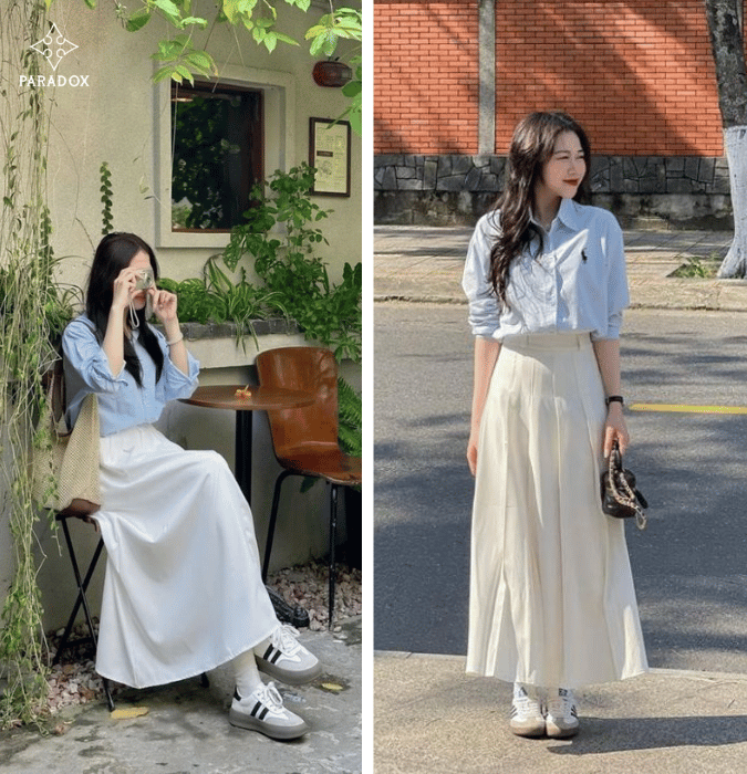 Phối áo sơ mi với chân váy maxi dáng dài trẻ trung