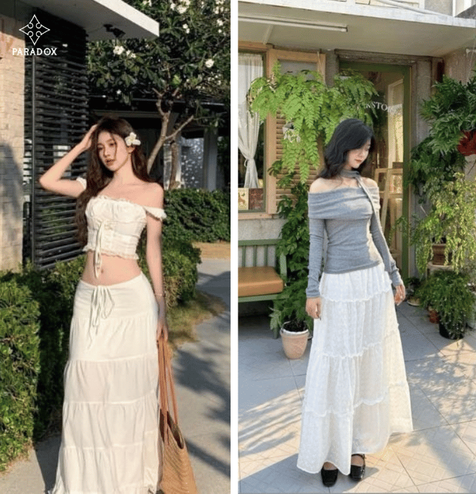 Phối áo trễ vai với chân váy maxi dáng dài trẻ trung