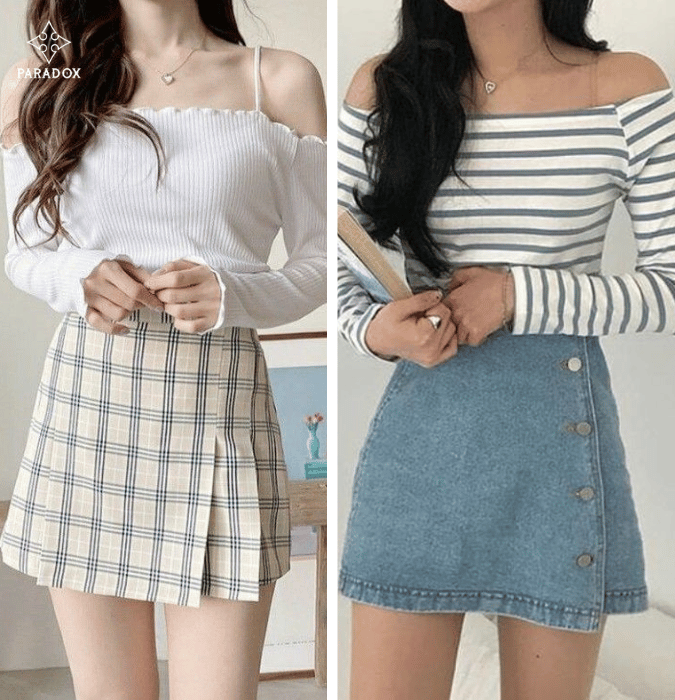 Mix đồ với quần giả váy cùng áo trễ vai quyến rũ Mix đồ với quần giả váy cùng áo trễ vai quyến rũ