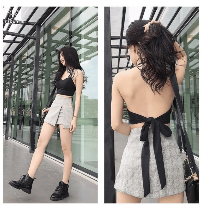 Mix đồ với quần giả váy cùng áo hai dây cổ yếm Mix đồ với quần giả váy cùng áo hai dây cổ yếm