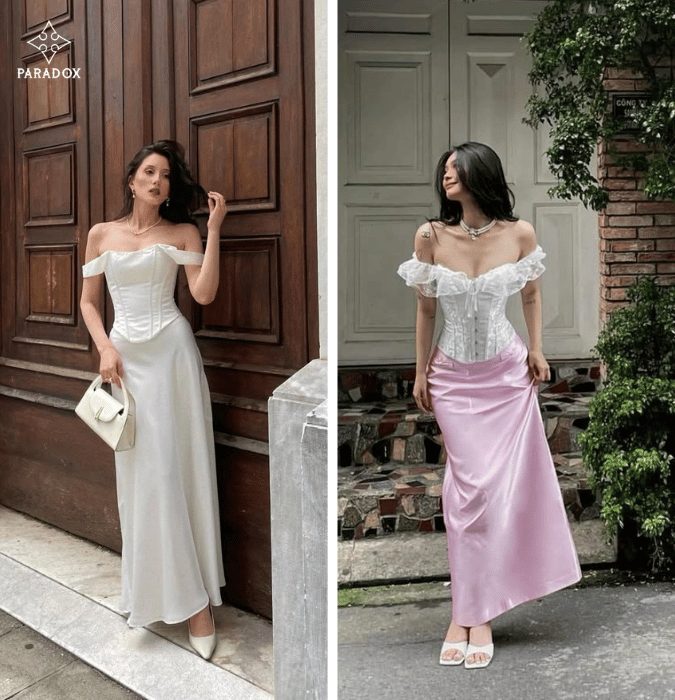 Phối áo corset với váy gì đẹp? - váy lụa dáng dài