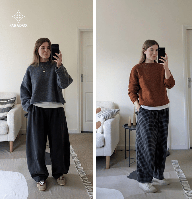 Phối áo sweater với áo phông trắng cùng quần tối màu