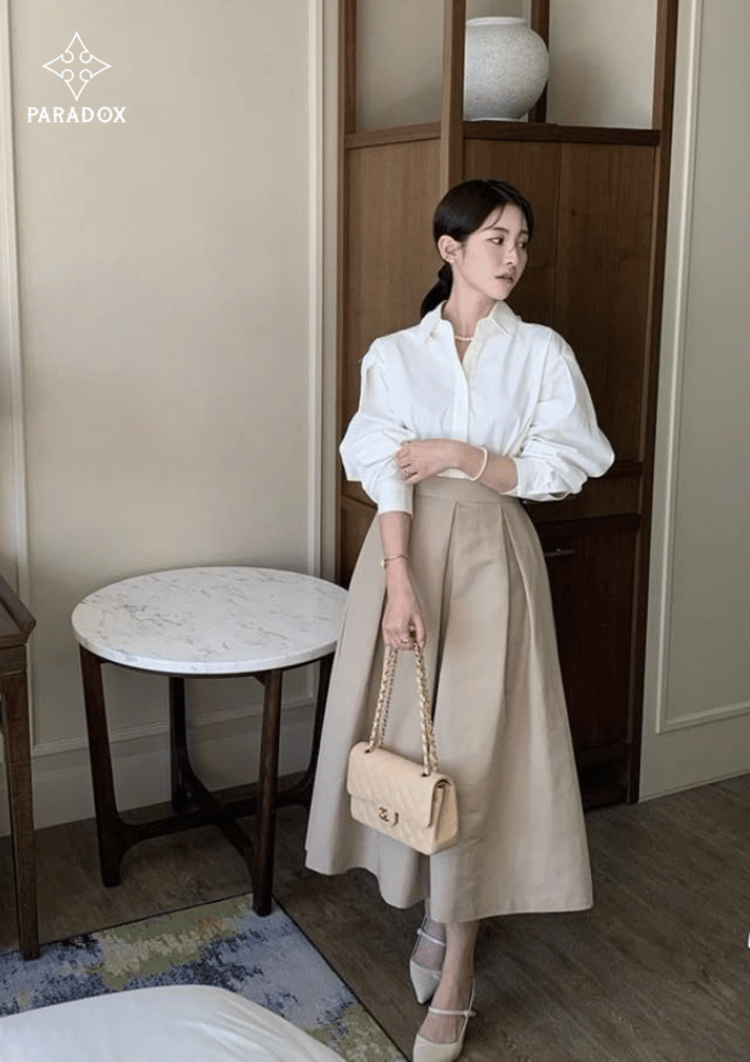 Bản phối áo blouse với chân váy chữ a dáng xòe Phối đồ cho nàng bắp chân to