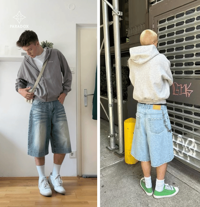 Phối đồ với áo hoodie zip xám cùng quần short lửng