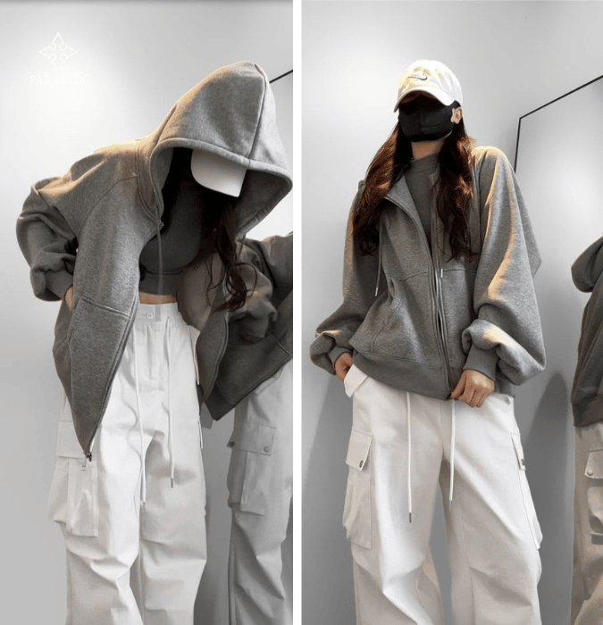 Phối đồ với áo hoodie zip xám cùng quần ống rộng trắng