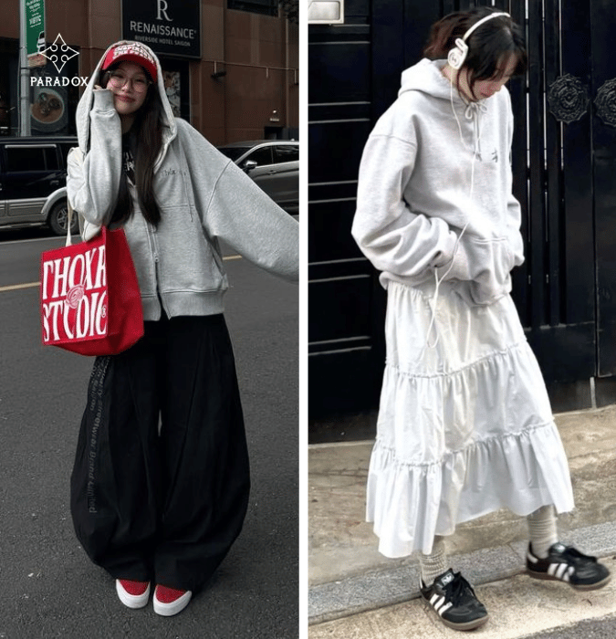 Phối đồ với áo hoodie zip xám cùng chân váy tầng dáng dài