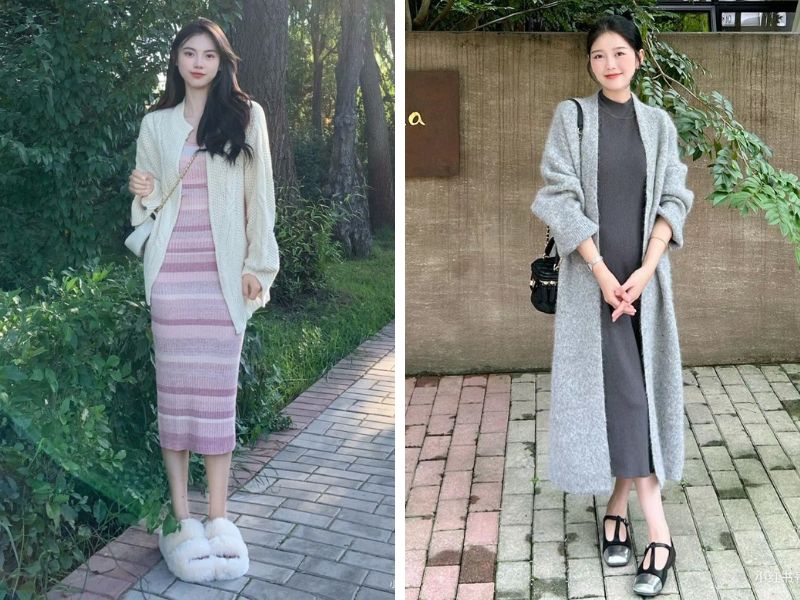 Cardigan + đầm suông nhẹ nhàng