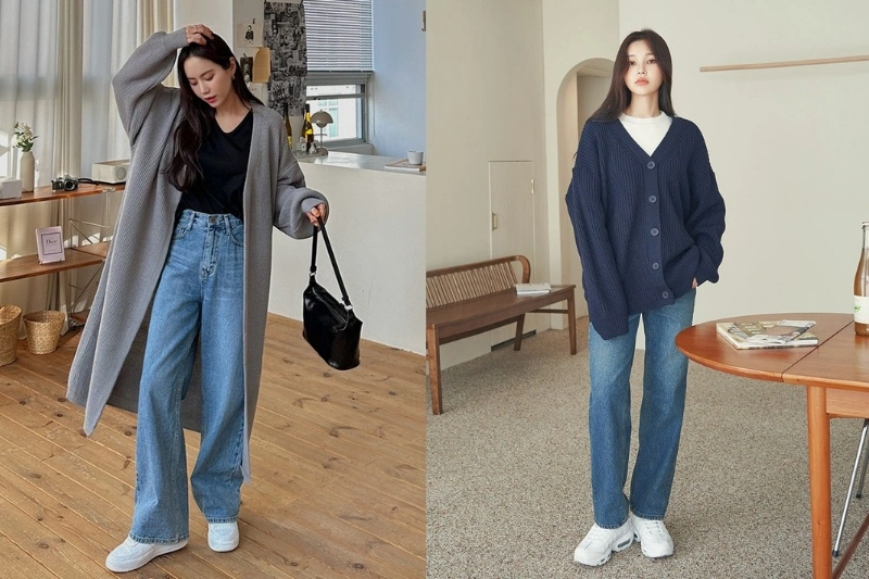 Cardigan + quần jeans năng động