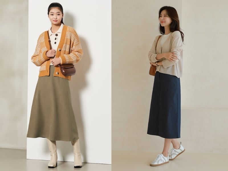 Cardigan + chân váy midi thanh lịch