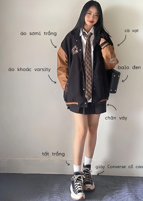 Áo khoác Varsity outfit Preppy - Áo khoác Varsity + chân váy xếp ly + sơ mi