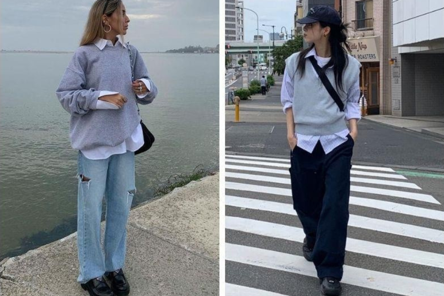 Layer sweater pastel cùng áo sơ mi