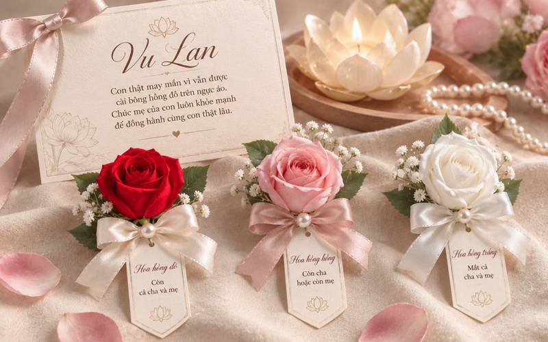 Mẫu thiệp Vu Lan cài áo hoa hồng đỏ / trắng