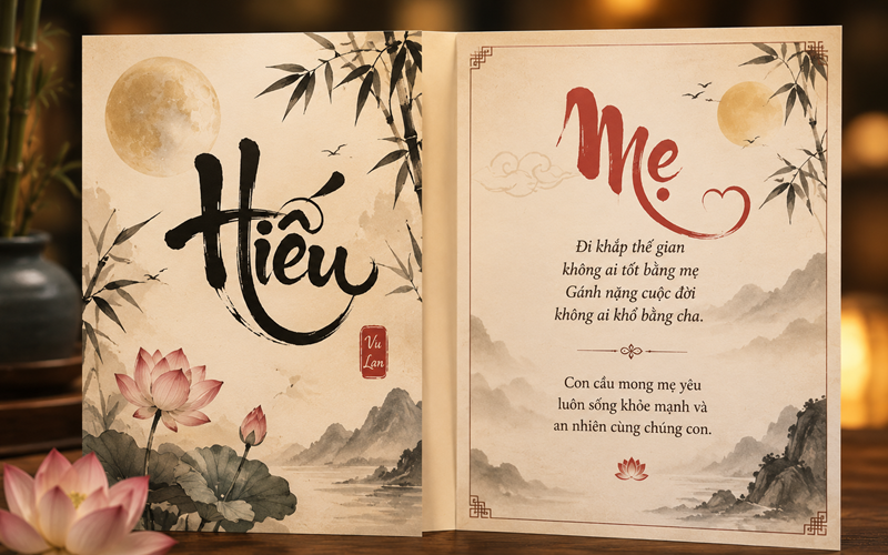 Mẫu thiệp Vu Lan thư pháp mang đậm giá trị đạo hiếu