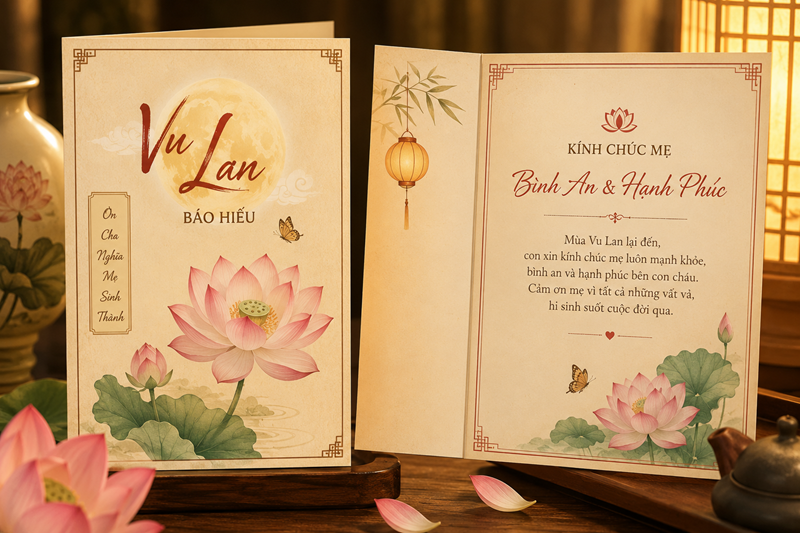 Mẫu thiệp Vu Lan kèm lời chúc truyền thống kết hợp hoa sen và lời chúc bình an