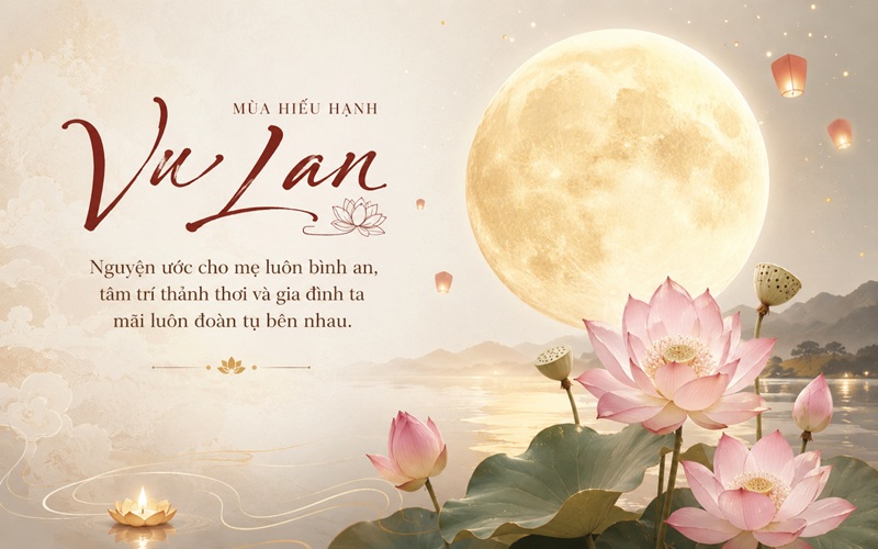 Mẫu thiệp Vu Lan với biểu tượng trăng rằm tròn đầy