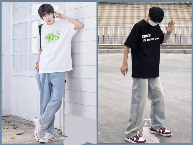 Áo thun oversize + quần cargo + sneaker