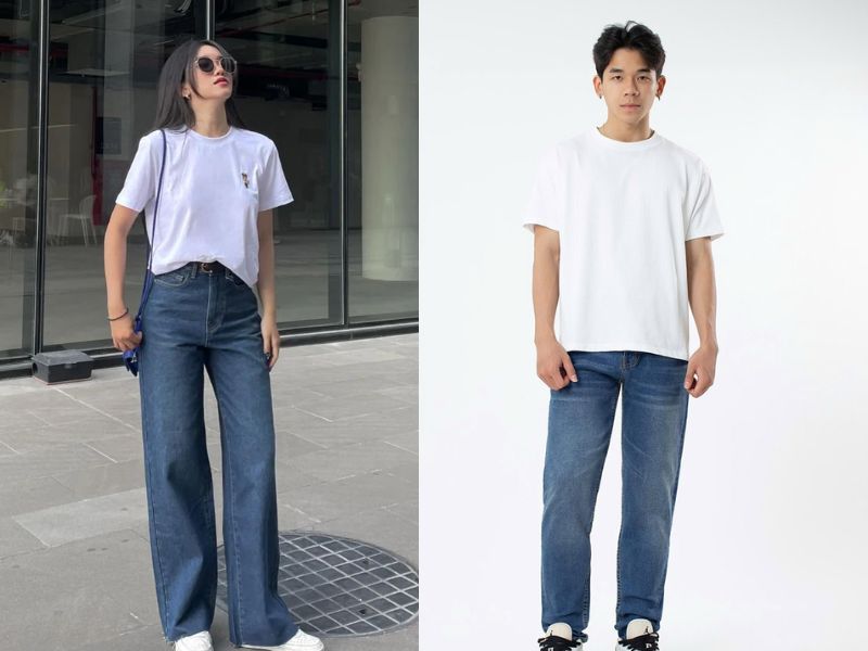 Áo thun + quần denim ống rộng + phụ kiện statement