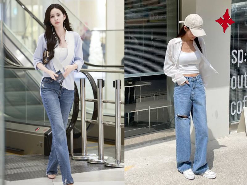 Áo thun + sơ mi khoác ngoài + quần jeans