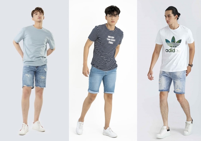 Áo thun basic + quần short + sneaker cho buổi đi chơi casual
