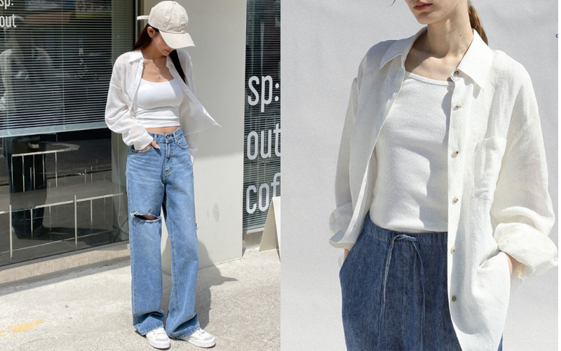 Phối áo sơ mi với áo thun nữ - Áo sơ mi khoác ngoài dáng rộng (Oversize) + Áo thun trắng + Quần Jeans