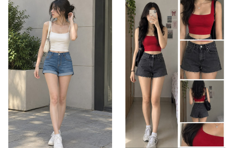 Cách phối đồ với quần short - Quần short cạp cao phối cùng áo croptop hoặc áo ôm body