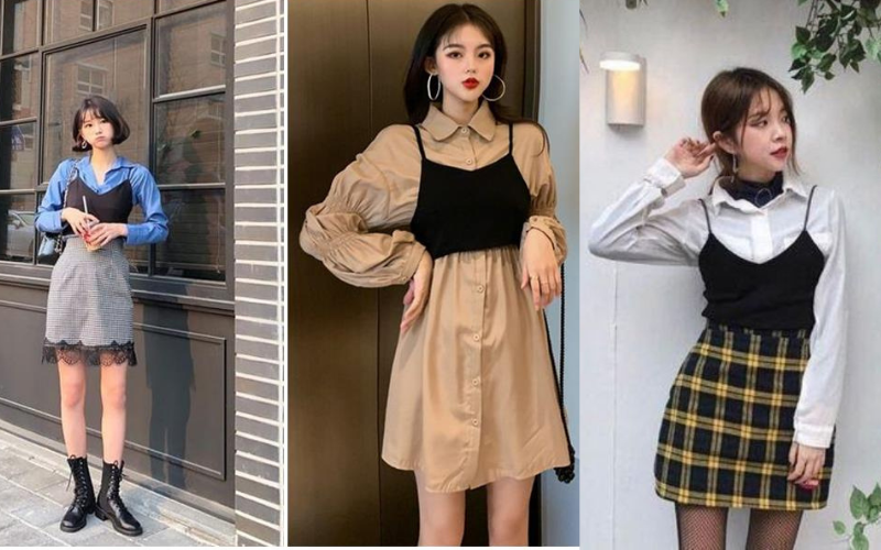 Phối áo sơ mi oversize mặc bên trong + Áo thun/Crop top bên ngoài