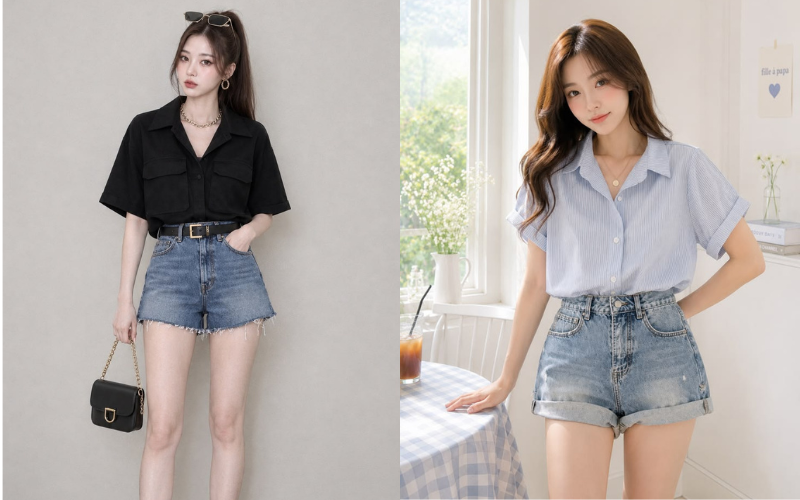 Quần short vải suông/Jeans kết hợp áo sơ mi sơ vin