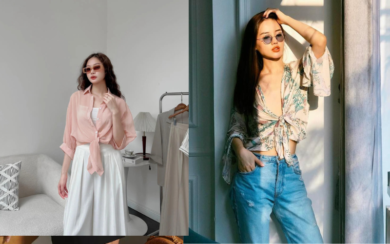 Áo sơ mi thắt eo / Buộc vạt + Áo thun graphic (in hình) + Chân váy