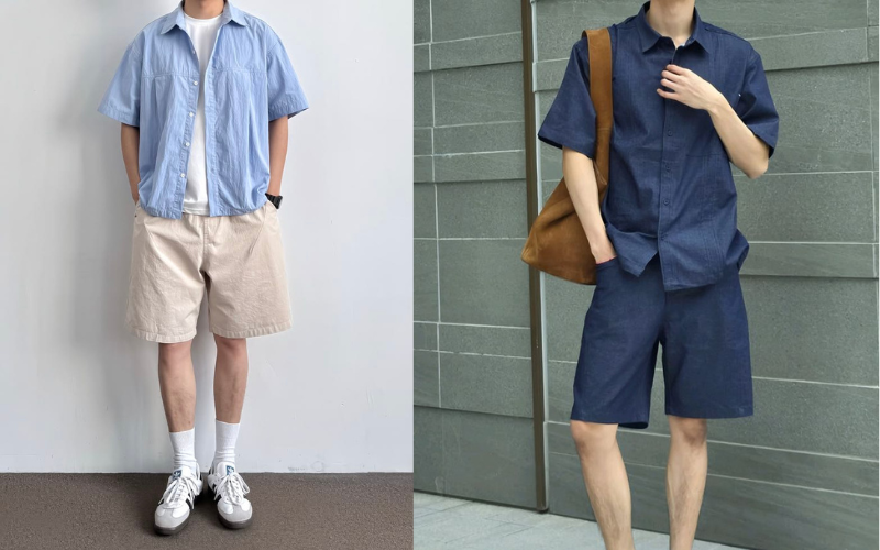 Quần short đũi phối áo sơ mi đũi tay ngắn