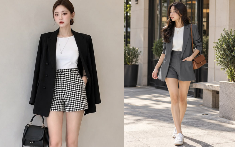 Quần short phối áo thun basic và áo blazer khoác ngoài