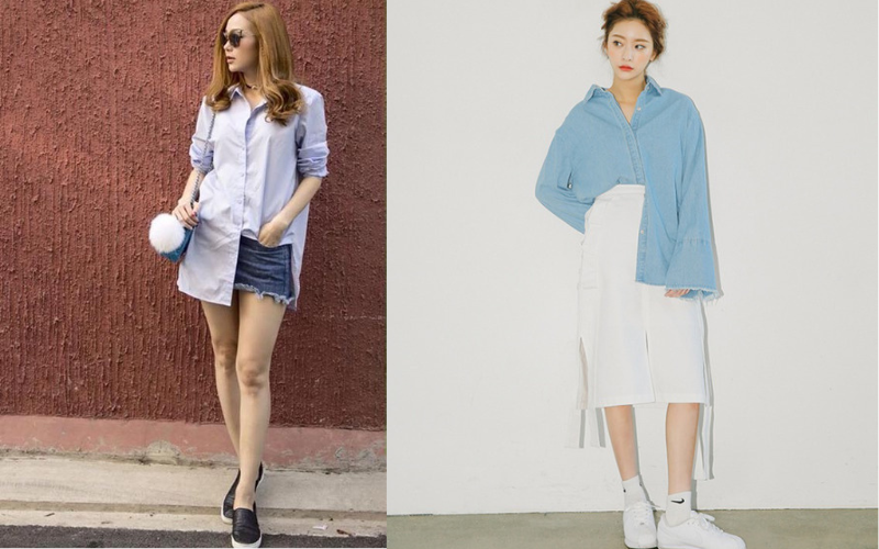 Phối áo sơ mi sơ vin một nửa (Half-tuck) cùng áo thun cổ tròn