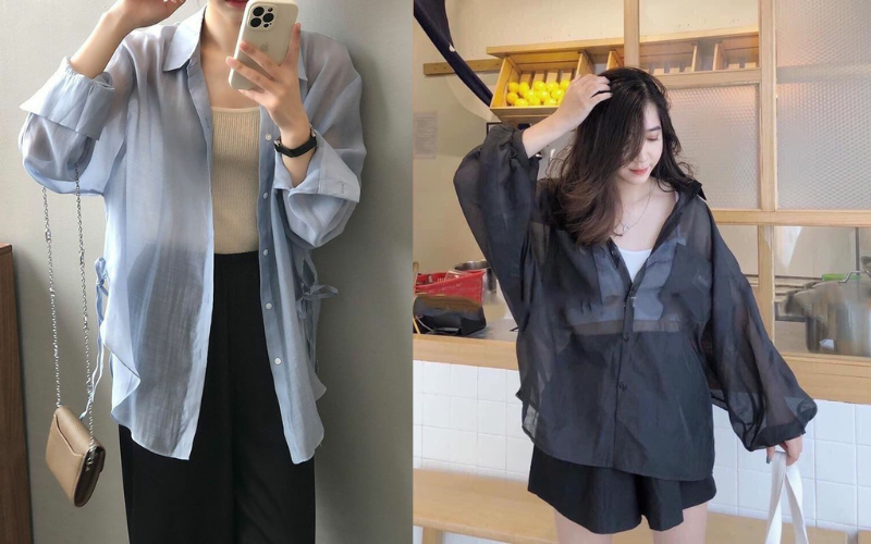 Áo sơ mi chất liệu voan/tơ mỏng + Áo thun 2 dây / Ba lỗ (Tanktop)