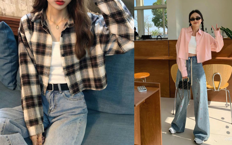 Áo sơ mi oversize khoác ngoài + Áo thun/Crop top + Quần Jeans suông