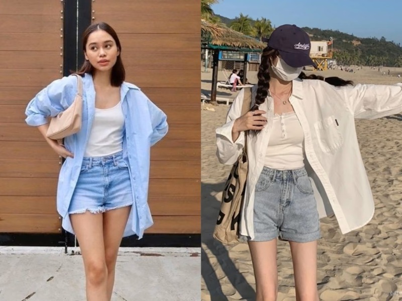 Mặc áo sơ mi nữ form rộng kiểu giấu quần + Quần Short / Skort