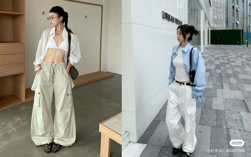 Layering áo sơ mi oversize + Áo thun Graphic + Quần Parachute / Quần Cargo