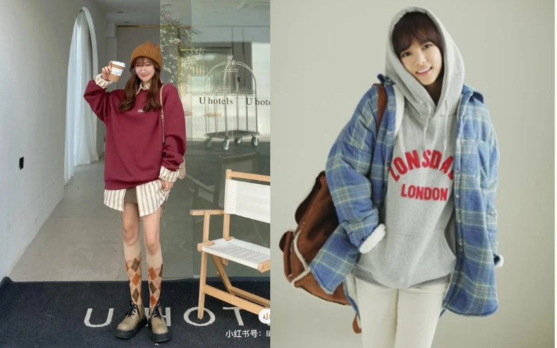 Layering áo sơ mi oversize bên trong Áo Sweatshirt / Hoodie