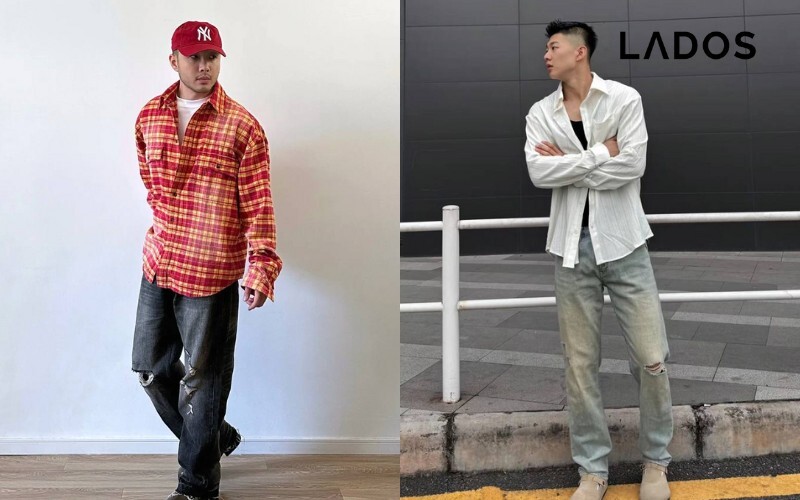Áo sơ mi dáng rộng phối cùng quần Jeans rách gối