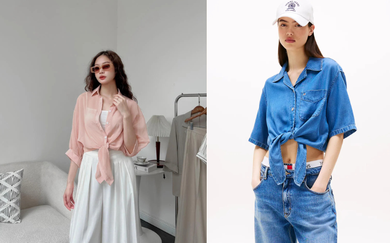 Áo sơ mi nữ form rộng buộc vạt (Knot Style) + Quần Jogger / Quần Cạp Cao