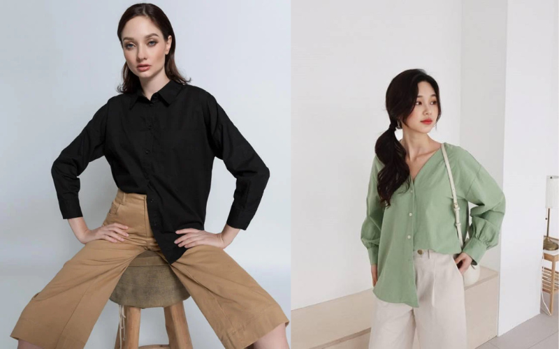 Sơ mi nữ form rộng mix Quần ống rộng (Wide-leg Pants) + Sơ vin nửa vạt