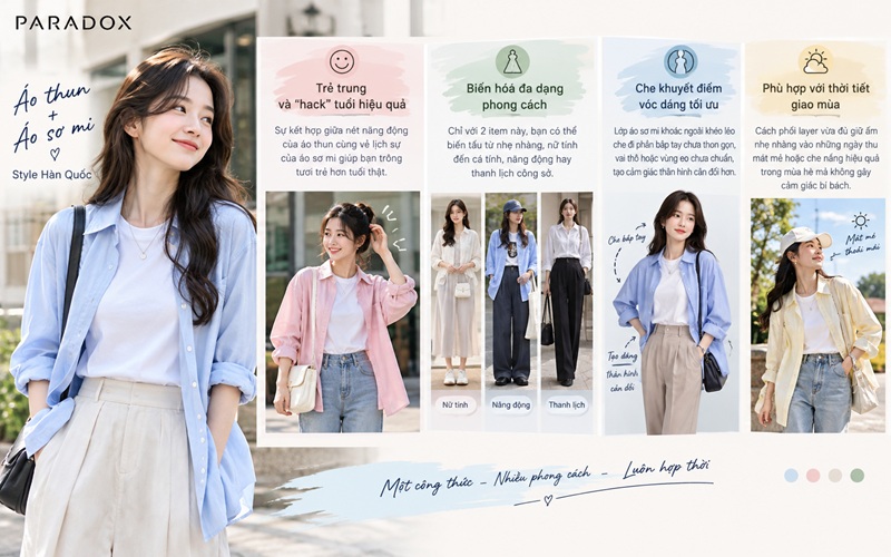 Tại sao phối áo sơ mi với áo thun nữ style Hàn Quốc lại được yêu thích